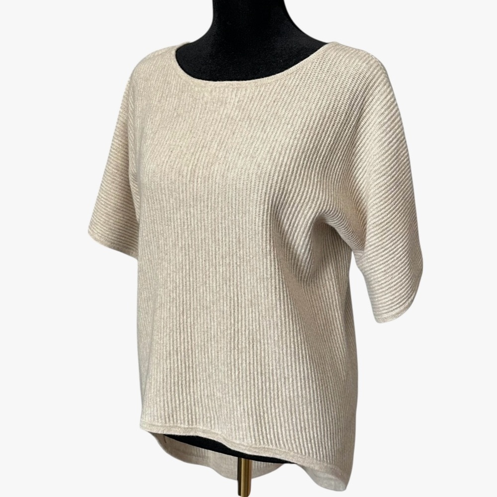 Garnet Hill Cashmere Sweater Taupe Neutral Short Sleeve High Low Ribbed Small